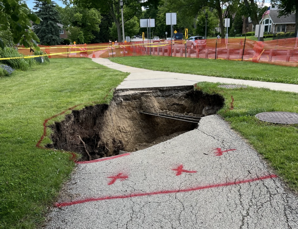 The sinkhole opened up over the weekend and is currently under repair. Photo courtesy of Matt Collins