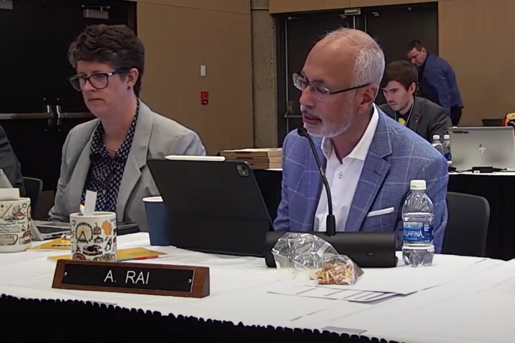 Universities of Wisconsin Regent Ashok Rai, right, speaks about structural budget deficits at a Thursday, June 6, 2024 meeting of the Board of Regents. Screenshot courtesy of the Universities of Wisconsin
