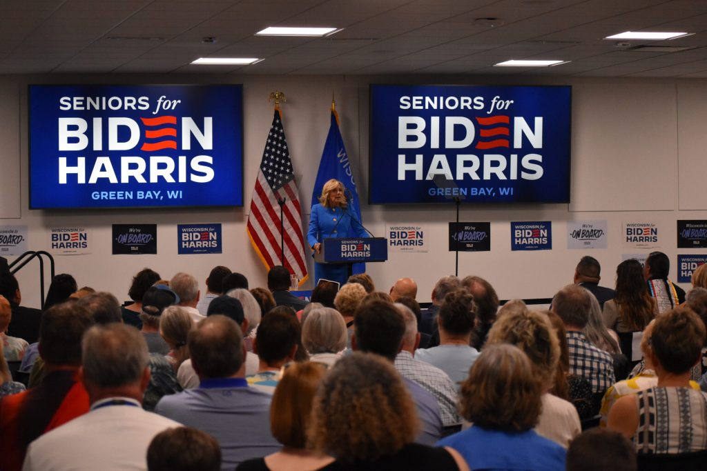 First Lady Jill Biden speaks at an event at the Brown County Library on Thursday, June 13, 2024. The event was part of an outreach effort from the Biden-Harris campaign to connect with seniors in swing states. Joe Schulz/WPR