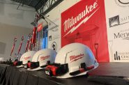 Hard hats and shovels are lined up at a groundbreaking event for Milwaukee Tool’s new facility in Menomonee Falls. Alana Watson/WPR