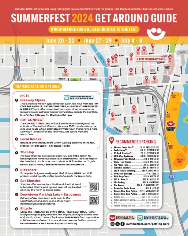 Summerfest Parking Map and Transportation Options. Image from Milwaukee World Festival, Inc.