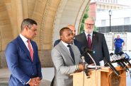 Mayor Cavalier Johnson, joined by Miami Mayor Francis Suarez and others, at Milwaukee Cityi Hall. Photo by Jeramey Jannene.