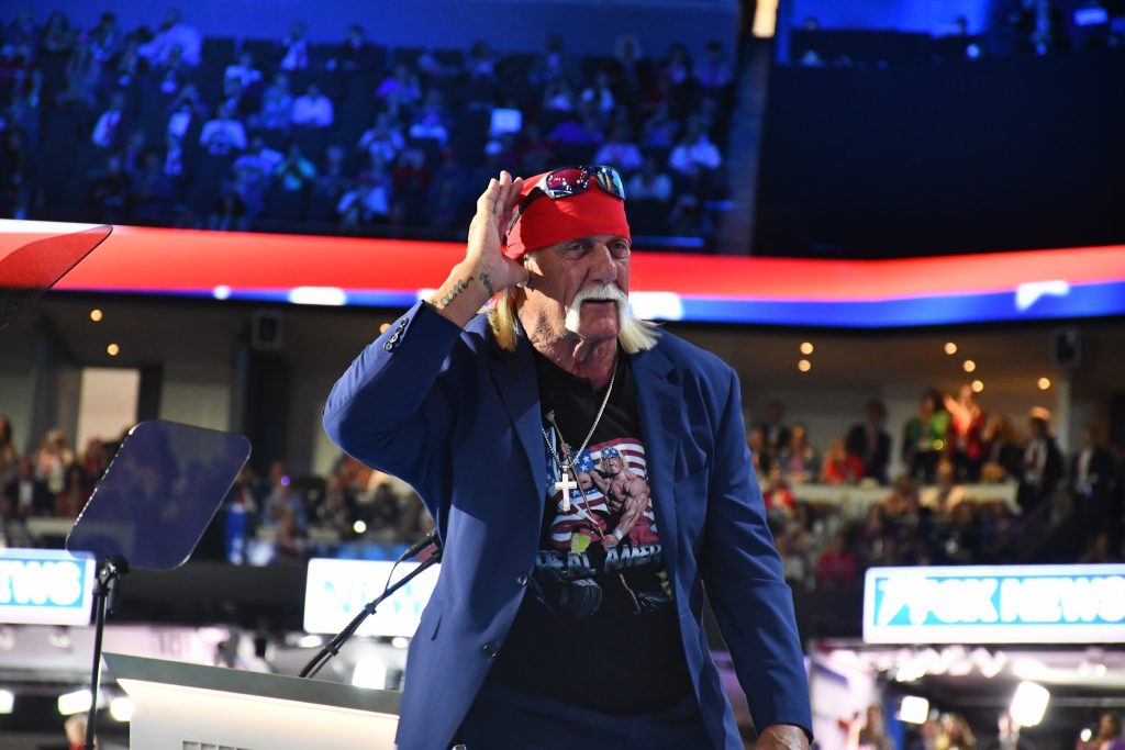 Hulk Hogan does his signature move on stage at the RNC. Photo by Jeramey Jannene.