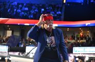 Hulk Hogan does his signature move on stage at the RNC. Photo by Jeramey Jannene.