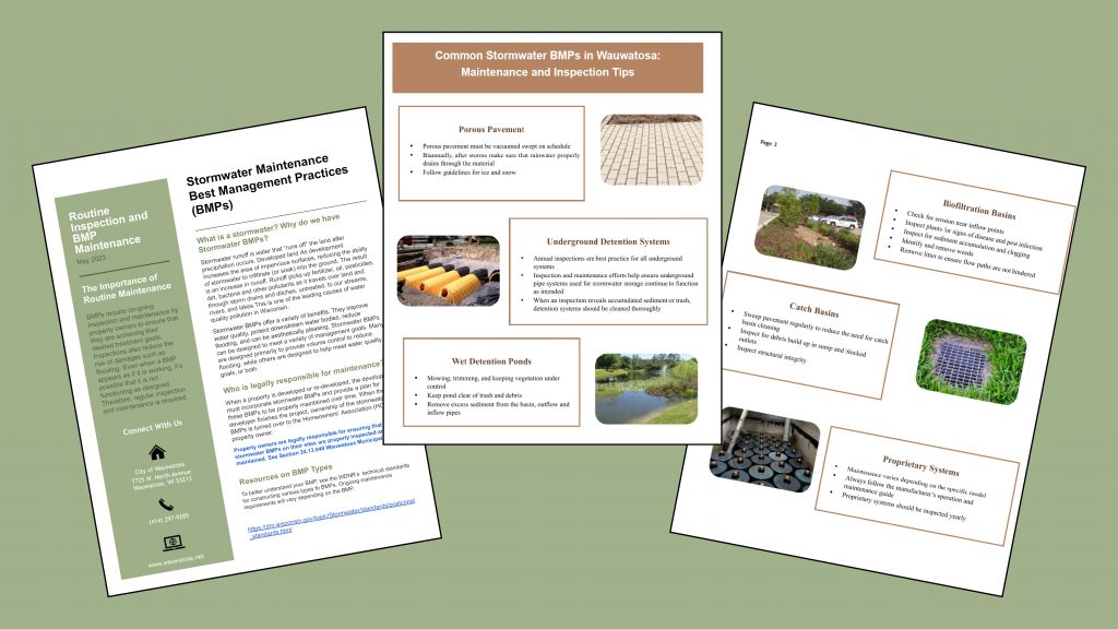 A three-page brochure Sweet Water developed to help Wauwatosa educate its property owners to inspect and maintain their stormwater BMPs. Photo courtesy Jessica Henderson.