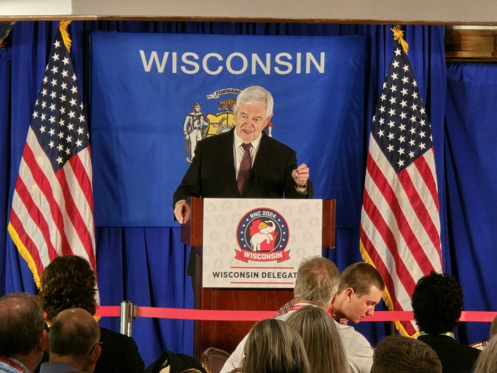 Former U.S. House Speaker Newt Gingrich addresses Wisconsin Republicans at the RNC in Milwaukee on July 15, 2024. Rich Kremer/WPR