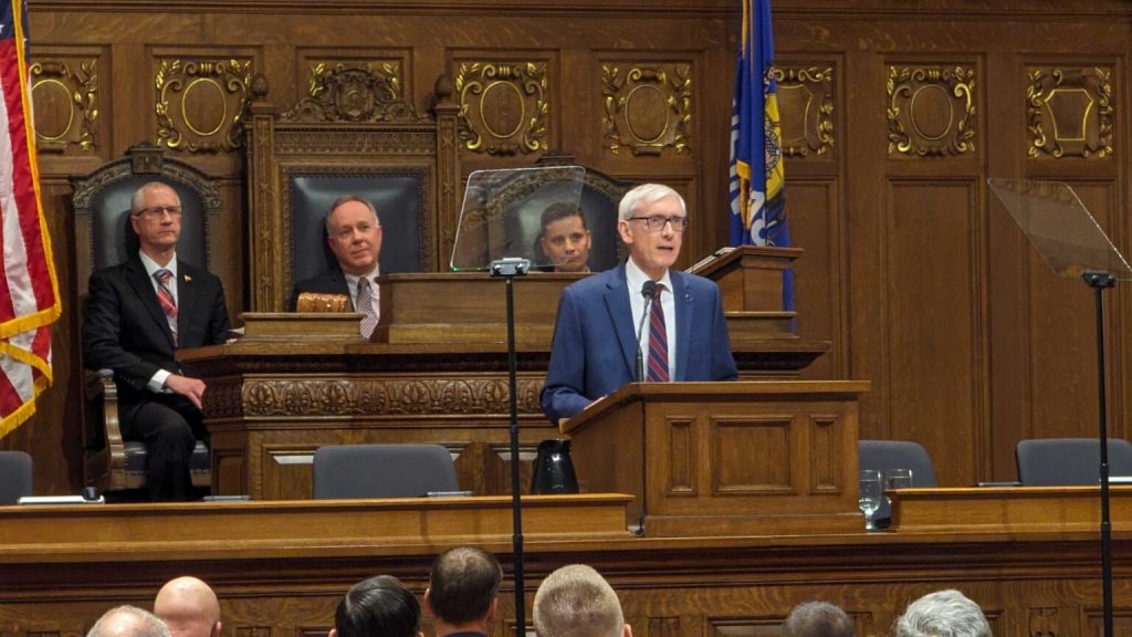 Gov. Tony Evers endorsed Vice President Kamala Harris on Monday, saying she can beat former President Donald Trump. Evers addresses the state Legislature in January 2024. (Baylor Spears | Wisconsin Examiner)