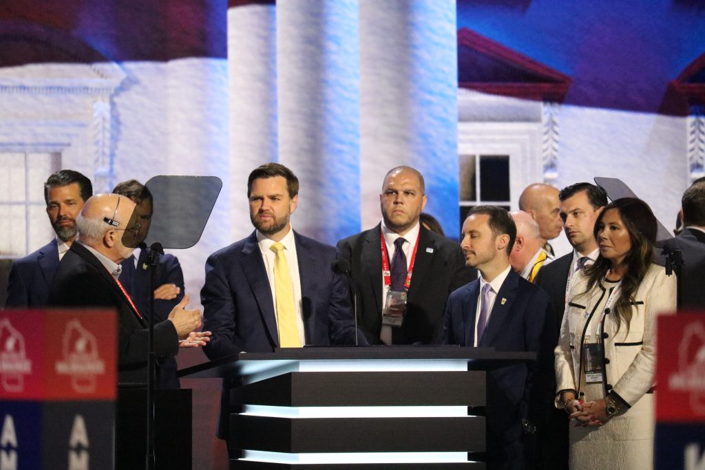 J.D. Vance (center left) appeared on stage at Fiserv Forum Tuesday afternoon. Photo taken July 16, 2024 by Sophie Bolich.