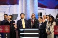 J.D. Vance (center left) appeared on stage at Fiserv Forum Tuesday afternoon. Photo taken July 16, 2024 by Sophie Bolich.