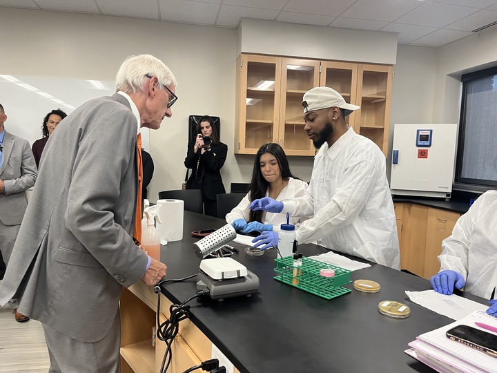 Gov. Tony Evers tours a microbiology classroom at MATC. Photo taken July 22, 2024 by Sophie Bolich.