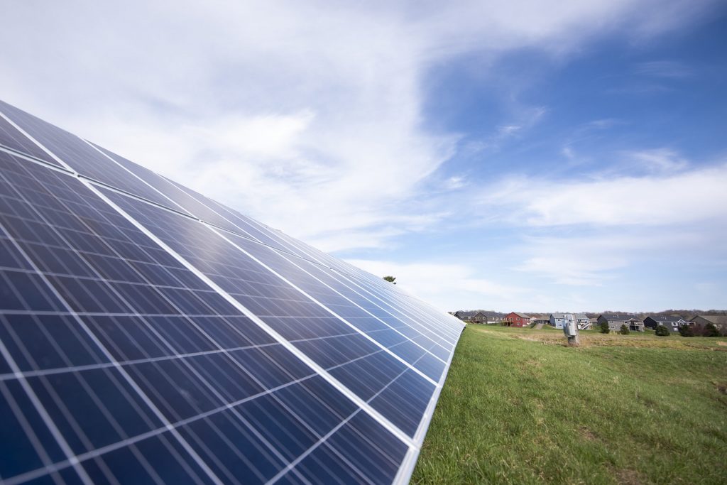 Solar panels face the blue sky Friday, April 16, 2021, in River Falls, Wis. Angela Major/WPR