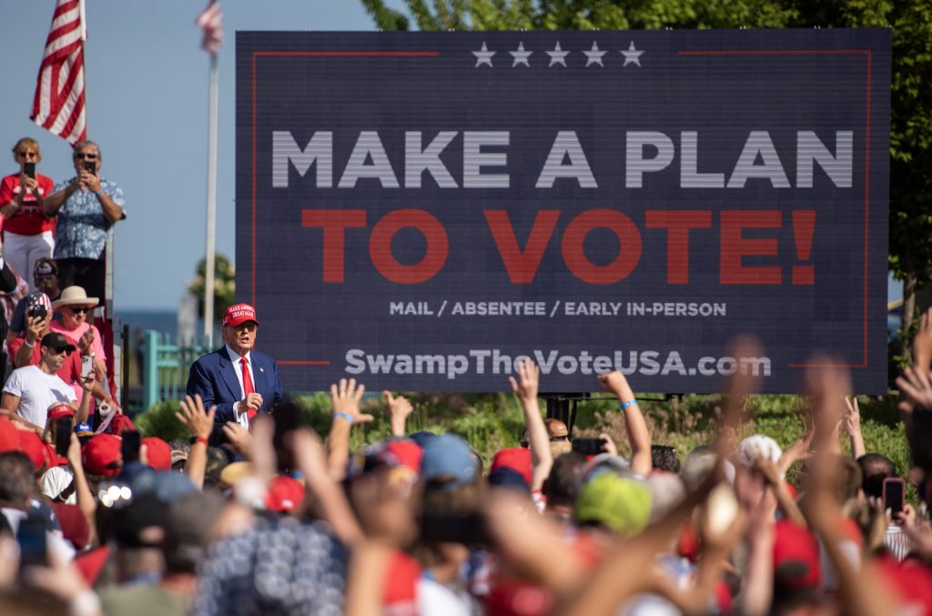 Former President Donald Trump says goodbye to his supporters at the end of his campaign rally Tuesday, June 18, 2024, in Racine, Wis. Angela Major/WPR