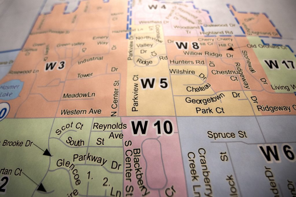 A map of voting wards hangs on the walls of village clerk Anastasia Gonstead’s office Monday, June 24, 2024, in the village of Jackson, Wis. Angela Major/WPR