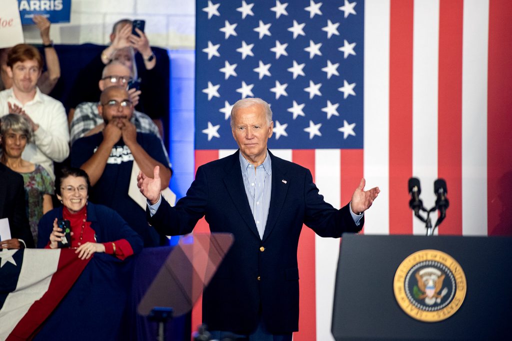 President Joe Biden turns to the crowd after a speech Friday, July 5, 2024, at Sherman Middle School in Madison, Wis. Angela Major/WPR