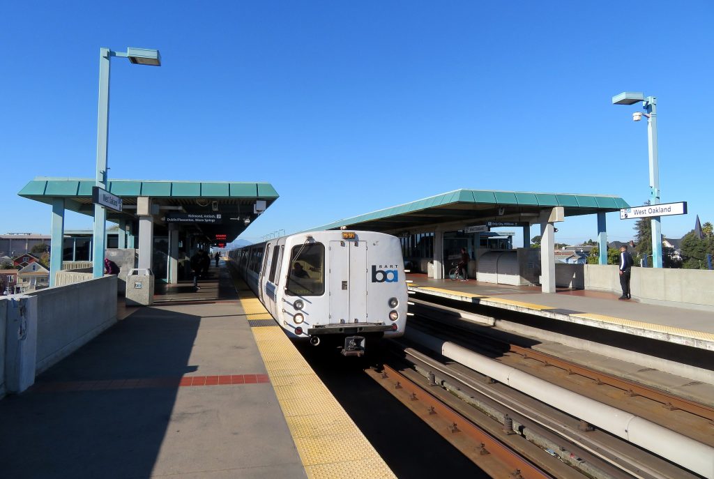 A BART train at West Oakland station in December 2018. Pi.1415926535, CC BY-SA 3.0 , via Wikimedia Commons