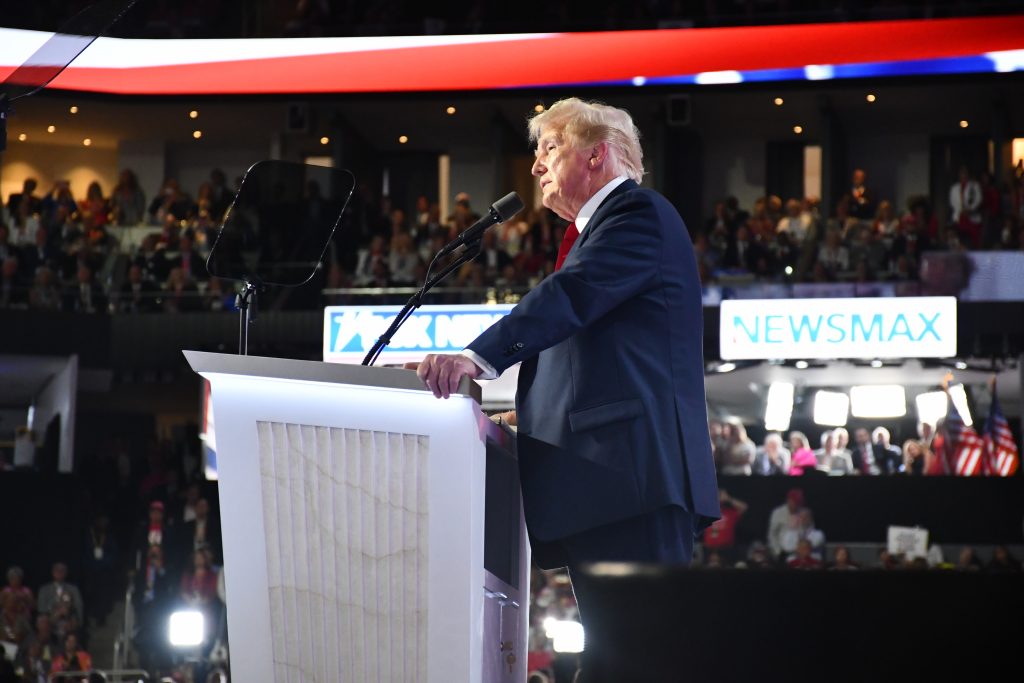 Donald Trump delivers 2024 RNC speech. Photo by Jeramey Jannene.