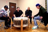 A group of drummers and singers play music at an opioid grief vigil to honor those who have died of opioid overdoses. The vigil was held in April at the Gerald L. Ignace Indian Health Center, 930 W. Historic Mitchell St. (Photo provided by the Gerald L. Ignace Indian Health Center)
