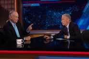 Jon Stewart (right) interviews Bill O'Reilly on The Daily Show. Image from Comedy Central.