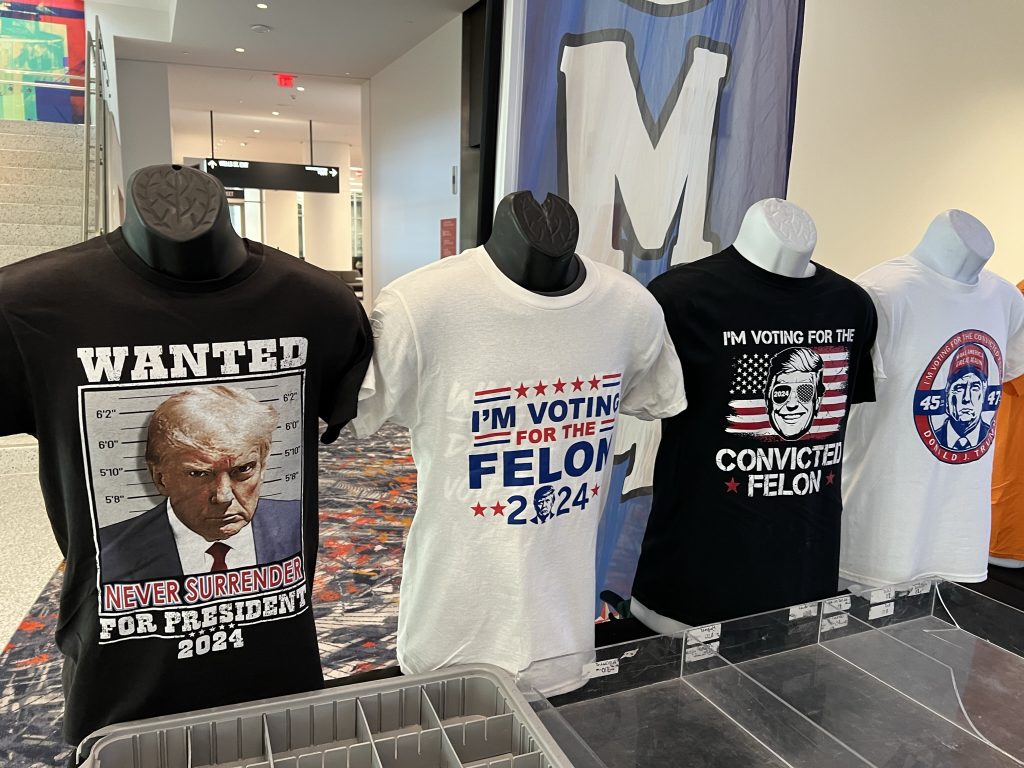 Pro-Trump t-shirts for sale at Baird Center during RNC. Photo by Jeramey Jannene.