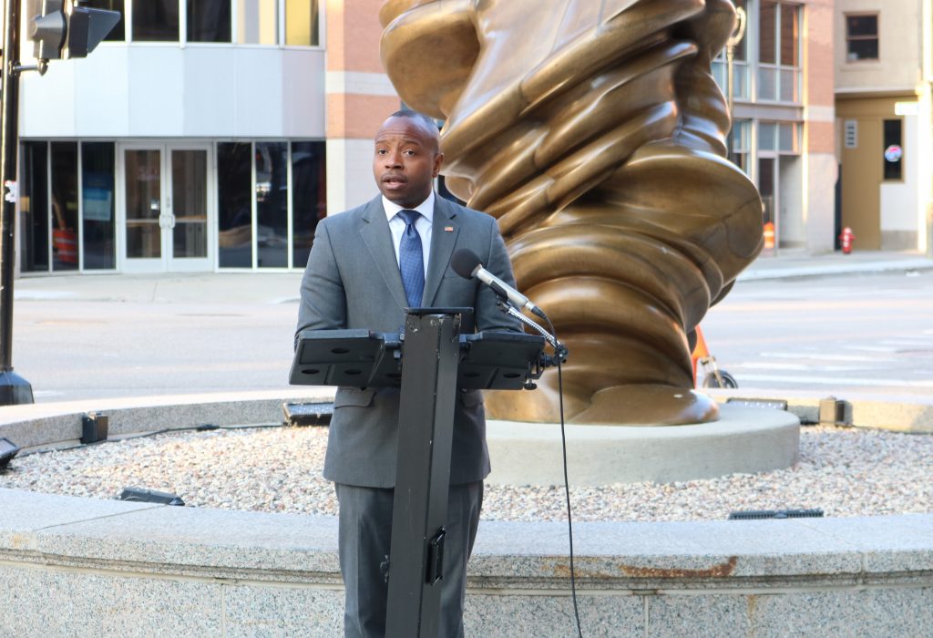 Mayor Cavalier Johnson addressed reporters early Tuesday morning. Photo taken July 16, 2024 by Sophie Bolich.