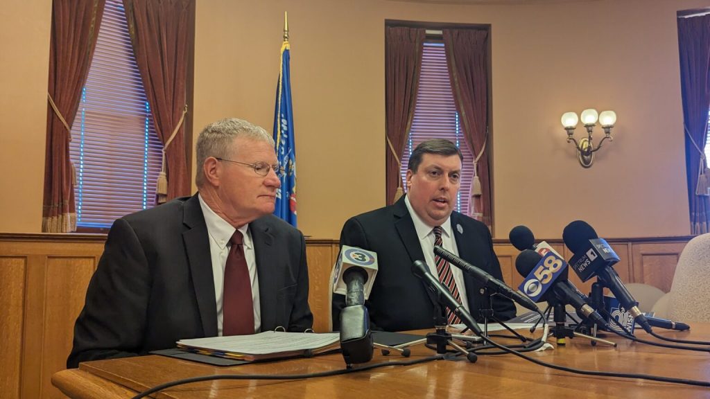 JFC co-chairs Sen. Howard Marklein and Rep. Mark Born said last week the committee finally received a response from DHS that answered some of the questions and concerns they’d raised. The lawmakers pictured addressing reporters in May 2023. (Baylor Spears | Wisconsin Examiner)