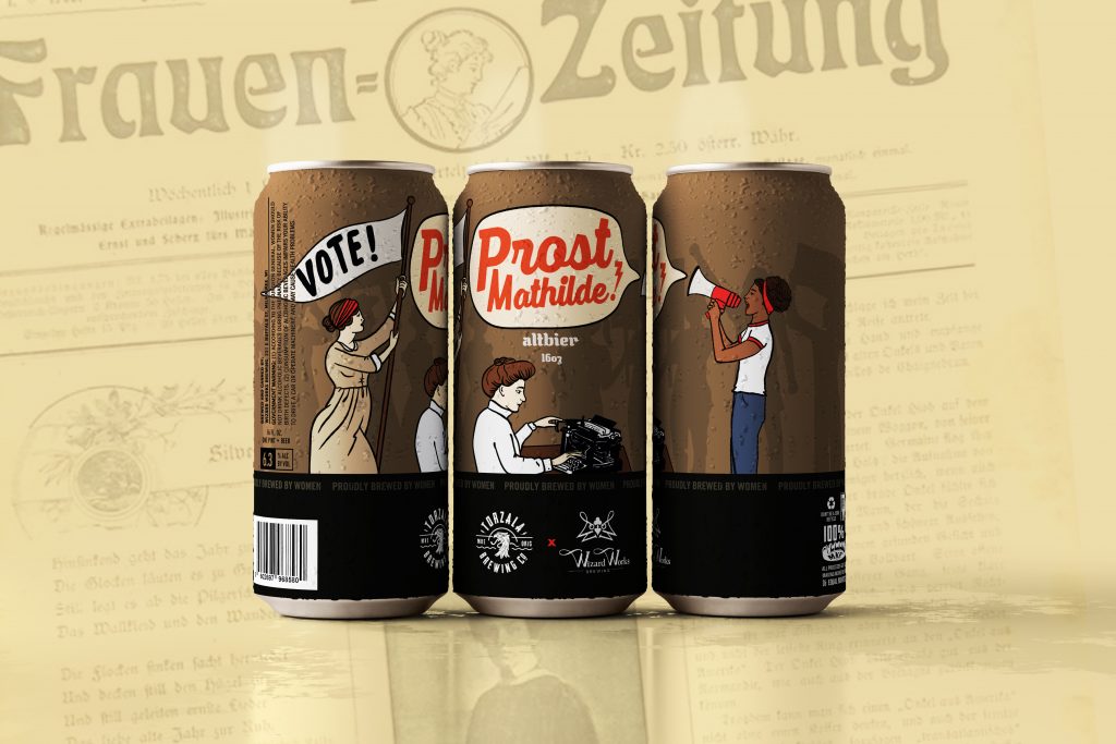 Prost, Mathilde! beer can, designed by Amy Marczewski. Image courtesy of Torzala Brewing Co. and Wizard Works Brewing.