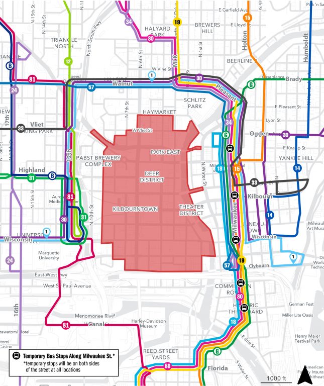 Revised Milwaukee County Transit System detours during the RNC. Image from MCTS.