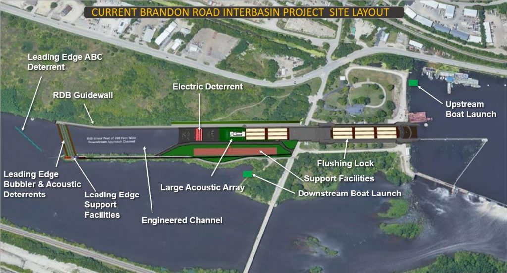 The current layout of a $1.15 billion project to install measures that seek to deter invasive carp from passing through the Brandon Road Lock and Dam on the Des Plaines River in Illinois. Photo courtesy of the Rock Island District of the U.S. Army Corps of Engineers