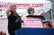 Republican state Rep. Janel Brandtjen, left, and conservative talk show host Vicki McKenna, right, speak at an “Audit the Vote” rally at the state Capitol Friday, Aug. 6, 2021. Will Kenneally/PBS Wisconsin