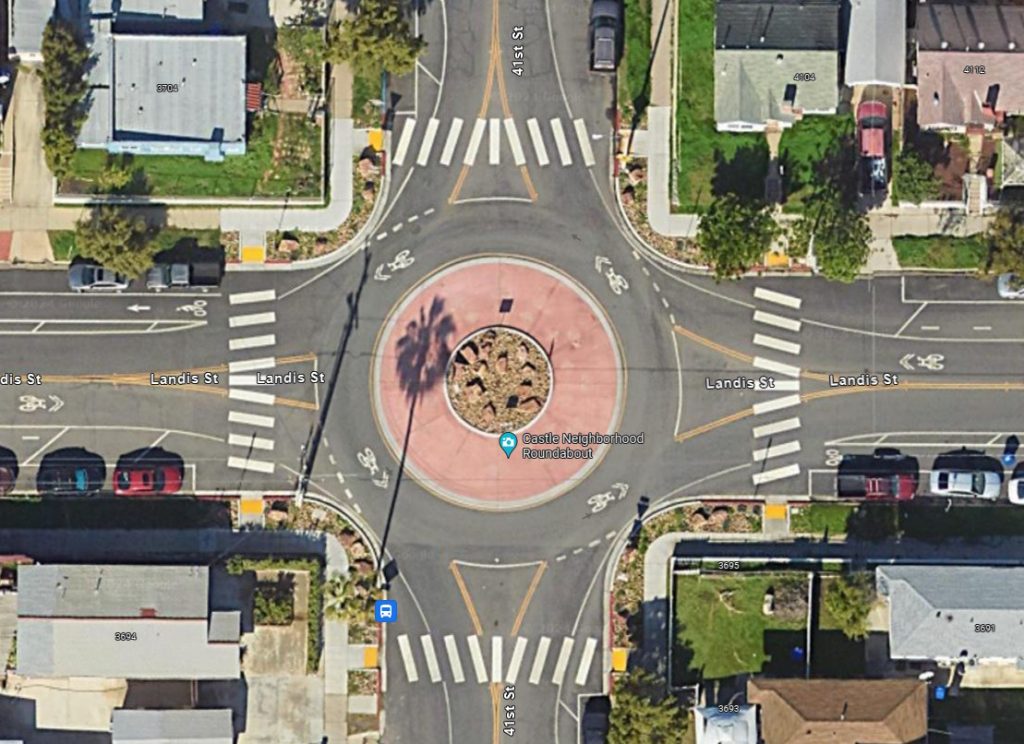 Mini roundabout in San Diego. Image from Google Maps.