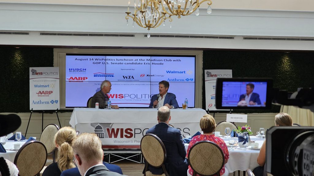 Republican Senate candidate Eric Hovde speaks at a WisPolitics candidate luncheon Aug. 14 in Madison, Wis. Robert D’Andrea/WPR