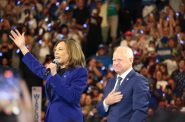 Kamala Harris and Tim Walz at Fiserv Forum on Aug. 21. Photo by Sophie Bolich.