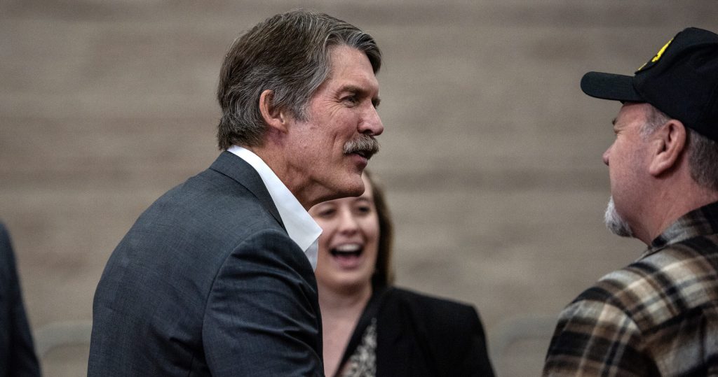 Senate candidate Eric Hovde shakes hands with a supporter at a rally for former president Donald Trump on Tuesday, April 2, 2024, at Hyatt Regency in Green Bay, Wis. Angela Major/WPR