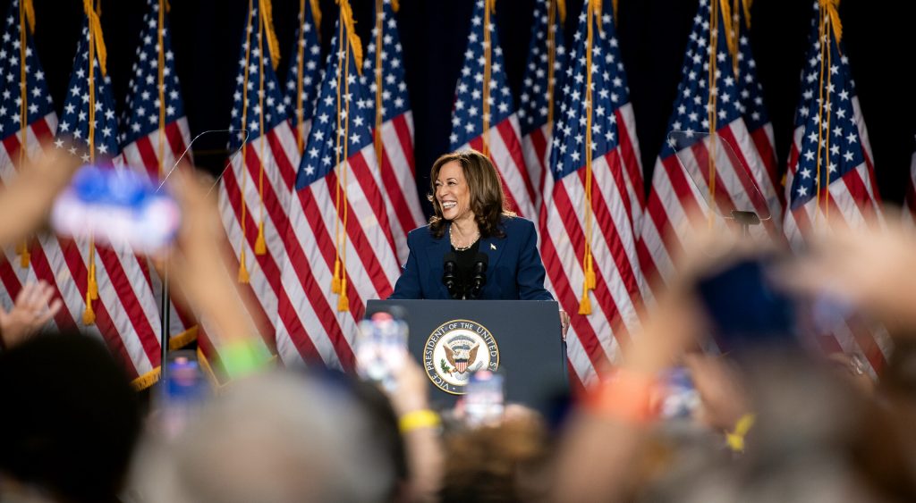 Vice President Kamala Harris speaks Tuesday, July 23, 2024, at West Allis Central High School in West Allis, Wis. Angela Major/WPR