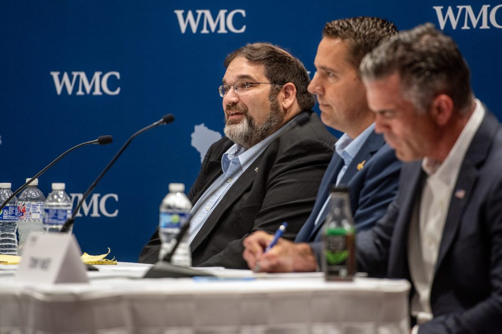 Republican eighth congressional district candidates Andre Jacque, left, Roger Roth, center, and Tony Wied, debate Thursday, June 25, 2024, in Green Bay, Wis. Angela Major/WPR