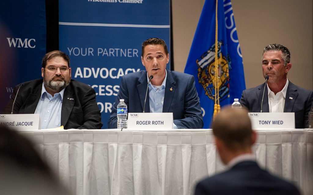 Republican eighth congressional district candidates Andre Jacque, left, Roger Roth, center, and Tony Wied, debate Thursday, June 25, 2024, in Green Bay, Wis. Angela Major/WPR