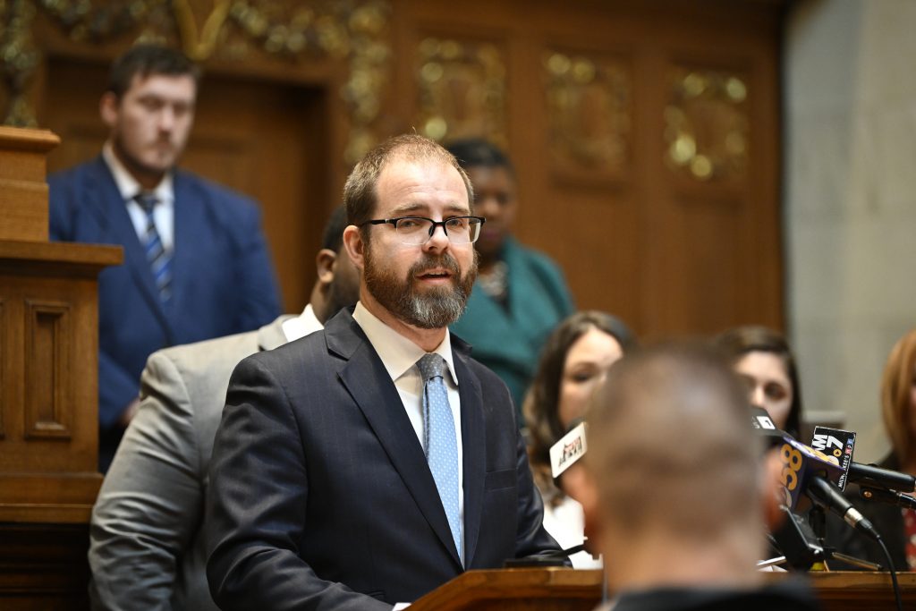 State Rep. Ryan Clancy, D-Milwaukee, speaks at a press conference held by a coalition of legislative Democrats and stakeholders on Nov. 2, 2023, at the Wisconsin State Capitol in Madison, Wis. “We need an independent fact-finder to investigate because a system where you can be punished for speaking out is not a good one,” Clancy says about the idea of creating an office to scrutinize conditions inside prisons. (Evan Halpop / Wisconsin Watch)