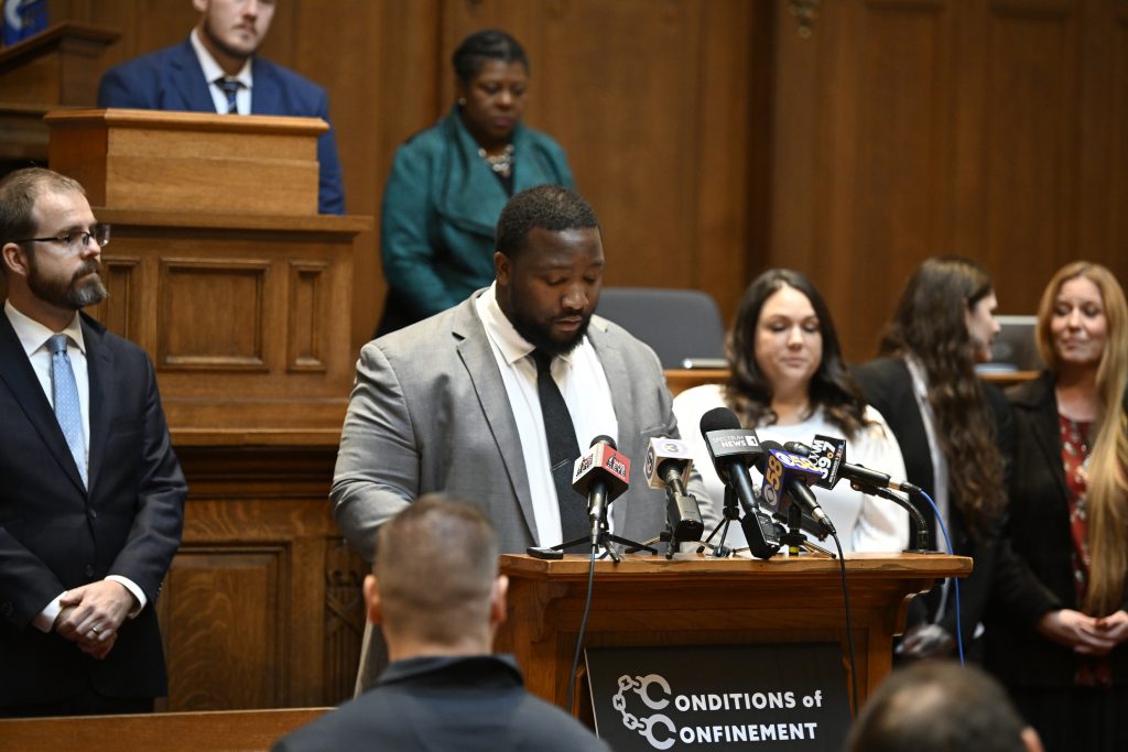 State Rep. Darrin Madison, D-Milwaukee, speaks at a press conference held by a coalition of legislative Democrats and prison rights advocates on Nov. 2, 2023, at the Wisconsin State Capitol in Madison, Wis. They spoke about the conditions of confinement in county and state correctional institutions and proposed a package of bills to address the conditions. (Evan Halpop / Wisconsin Watch)