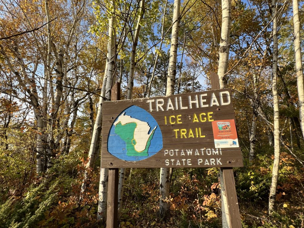 A trailhead at Potawatomi State Park is seen here in October of 2022. Evan Casey/WPR