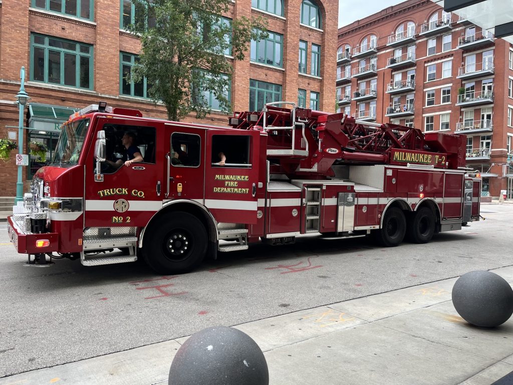 The Milwaukee Fire Department responds to a call in the Historic Third Ward on June 28, 2024. Alyssa Allemand/WPR