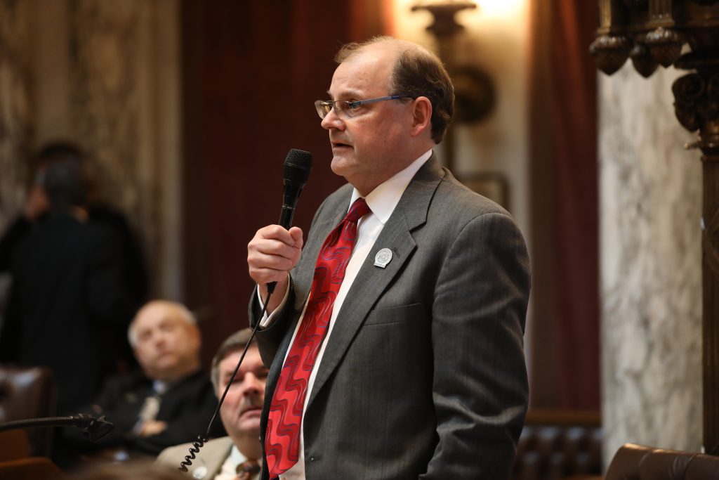 State Rep. Michael Schraa, R-Oshkosh, is seen during a convening of the Assembly at the Wisconsin State Capitol on Jan. 25, 2020, in Madison, Wis. Schraa has accused Democrats of grandstanding on the issue of prison reform, which Democratic lawmakers dispute. (Coburn Dukehart / Wisconsin Watch)