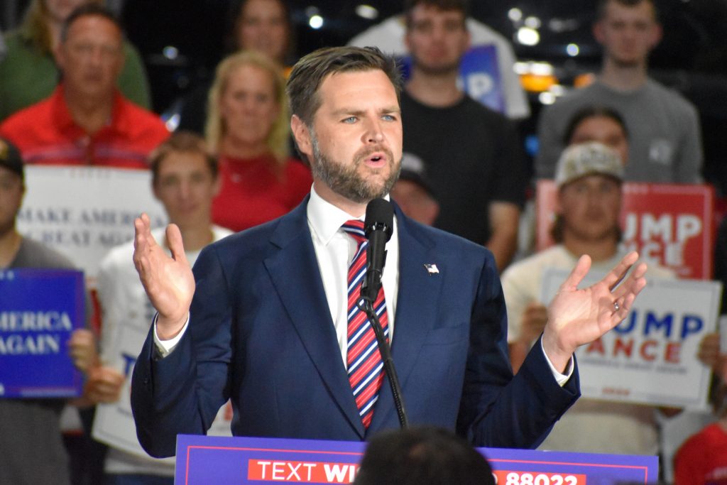 Republican Vice Presidential candidate JD Vance speaks at a rally in De Pere Wednesday, Aug. 28, 2024. (Joe Schulz/WPR)