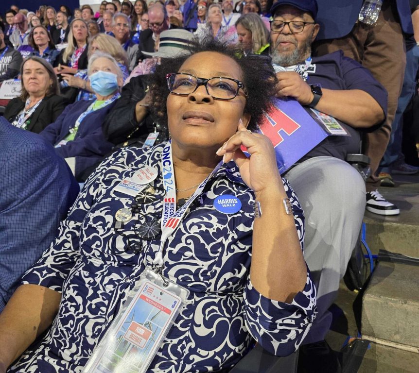 Wisconsin delegate Yvonne Lumsden-Dill of Menomonee Falls watches speakers during the third day of the 2024 Democratic National Convention in Chicago. Rich Kremer/WPR