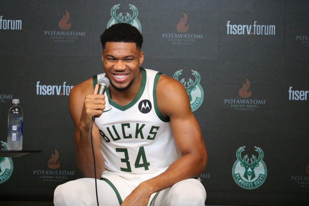 Giannis Antetokounmpo at Media Day for the Milwaukee Bucks. Photo taken Sept. 30, 2024 by Sophie Bolich.