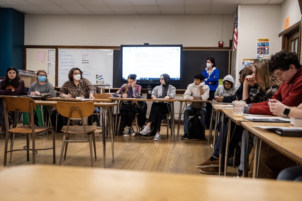 A class holds a discussion about Native American history in the United States on Tuesday, Jan 17, 2023, at Madison West High School in Madison, Wis. Angela Major/WPR