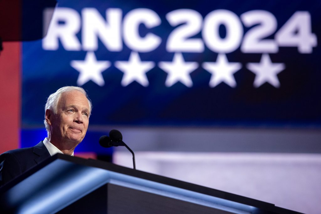 Sen. Ron Johnson speaks at the RNC on Monday, July 15, 2024, at the Fiserv Forum in Milwaukee, Wis. Angela Major/WPR