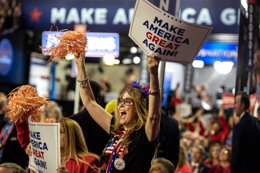 An RNC attendee cheers during the final day Thursday, July 18, 2024, at the Fiserv Forum in Milwaukee, Wis. Angela Major/WPR