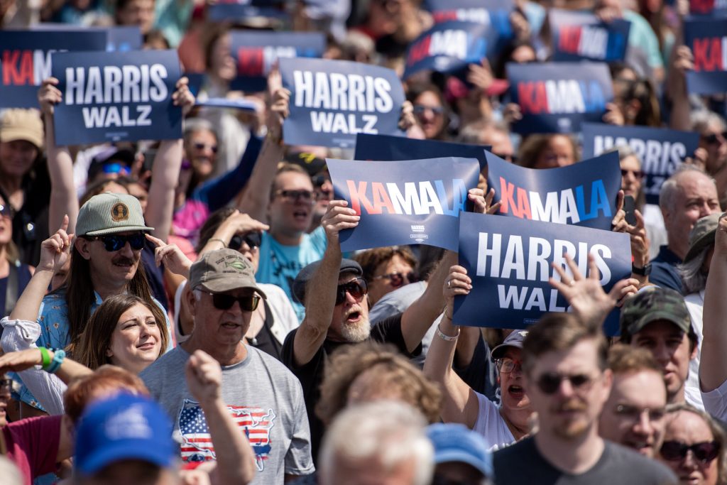 Supporters of Vice President Kamala Harris cheer at a rally Wednesday, Aug. 7, 2024, in Eau Claire, Wis. Angela Major/WPR