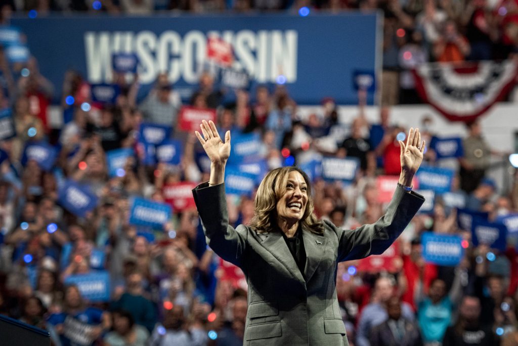 Vice President Kamala Harris waves at rally attendees after her speech Friday, Sept. 20, 2024, at the Alliant Energy Center in Madison, Wis. Angela Major/WPR