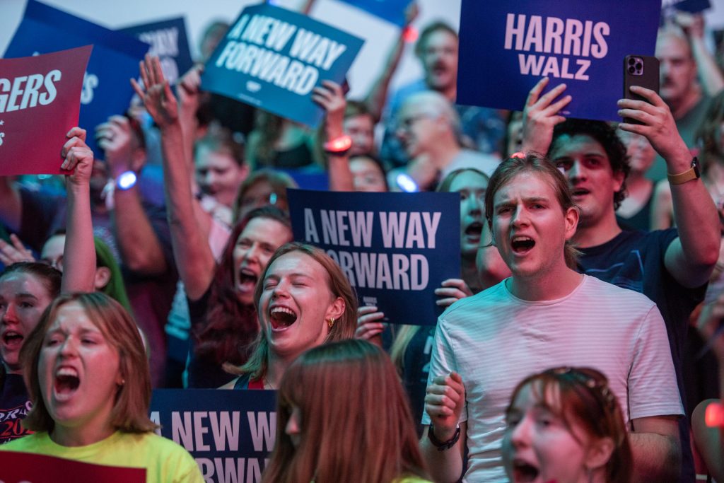 Attendees cheer during a rally for Vice President and Democratic presidential candidate Kamala Harris on Friday, Sept. 20, 2024, at the Alliant Energy Center in Madison, Wis. Angela Major/WPR